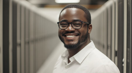 Man smiles confidently while posing in a data center filled with server racks during afternoon hours.の素材