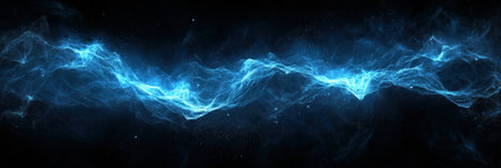 A bright blue energy wave moves gracefully across a dark cosmic background, evoking a sense of mystery.の素材