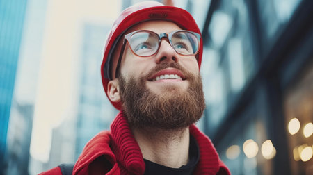 Young man with a beard wearing a red hat and glasses smiles while exploring the city.の素材