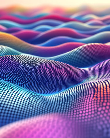 Visual representation of colorful waves creating an abstract landscape filled with vibrant patterns.の素材