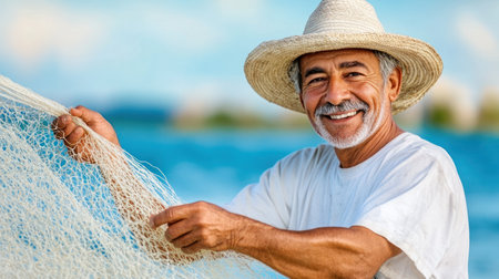 Fisherman enjoys his moment by the water, skillfully managing fishing net under bright sunlight.の素材