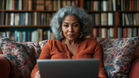 Senior woman socializes online while sitting on a floral couch in a well stocked home library.の素材