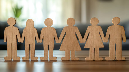 Wooden figures of various shapes stand together holding hands, symbolizing connection and togetherness.の素材