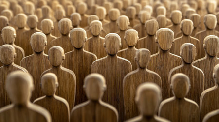 Numerous wooden figures stand close together, emphasizing a sense of unity among the group.の素材