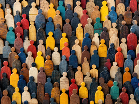 Wooden figures of various colors and sizes are arranged closely, symbolizing community and diversity.の素材
