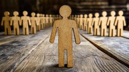 Wooden figures in a circle, with one in the center highlighting uniqueness and unity.の素材