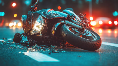 Damaged motorcycle lies on busy road with blurred car lights and traffic signals at night.の素材