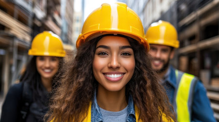 Three cheerful construction workers show teamwork at a bustling urban job site under clear skies.の素材