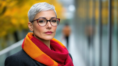 Woman with stylish gray hair and glasses poses confidently against a backdrop of yellow leaves.の素材