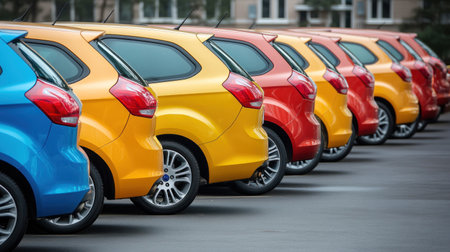 Brightly colored cars in shades of blue, orange, yellow, and red parked neatly in a row.の素材