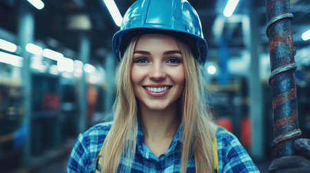Woman in a blue helmet smiles while standing in an industrial workshop filled with equipment.の素材