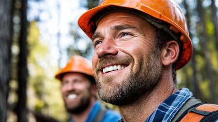 Two forestry workers in helmets smile while taking a break in a vibrant forest environment.の素材