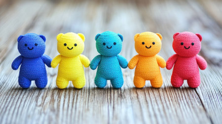 Five vibrant teddy bears of various colors are lined up on a wooden surface in bright light.の素材