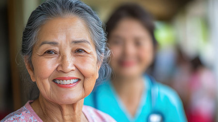 Elderly woman with gray hair smiles among caregivers at a health facility on a sunny day.の素材