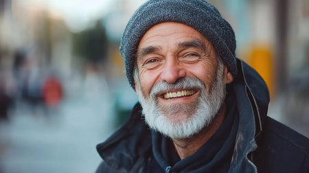 Happy senior man smiles brightly while strolling through bustling city streets on a sunny day.の素材