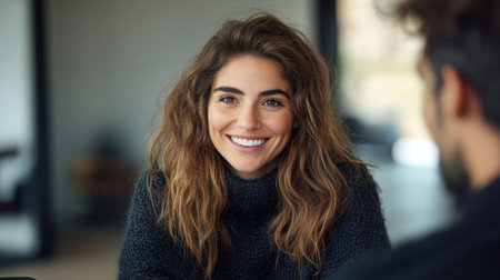 Woman with curly hair smiles warmly while conversing in a stylish indoor setting.の素材