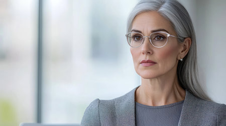 Mature woman with gray hair and glasses deep in thought in a contemporary office environment.の素材