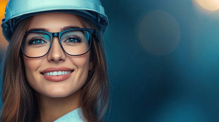 Young female engineer wears glasses and a hard hat, showing professionalism and confidence.の素材
