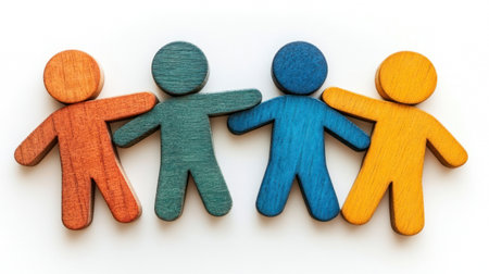 Four colorful wooden hand figures, symbolizing friendship and community across a white background.の素材