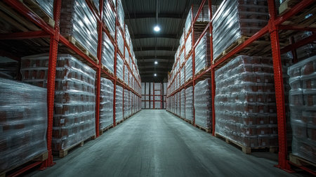 A spacious storage facility has neatly stacked, plastic wrapped pallets under overhead lights.の素材