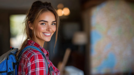 Young woman with a backpack smiles joyfully in a warm indoor environment while preparing for exploration.の素材