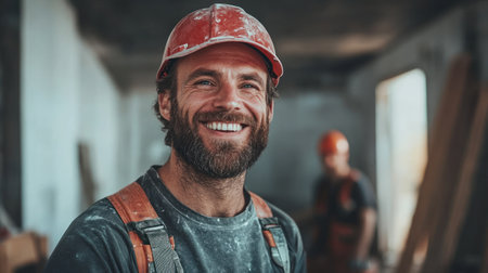 Construction worker with a beard and hard hat smiles joyfully while on the job in a building.の素材
