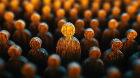 Wooden figures cluster, emphasizing one figures uniqueness among many similar shapes.の素材