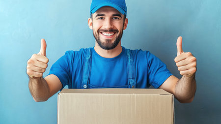 Cheerful delivery worker celebrates successful delivery while posing with a cardboard package.の素材
