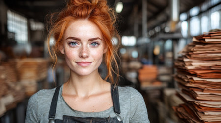 Confident woman with orange hair stands proudly in a busy workshop filled with wooden materials.の素材
