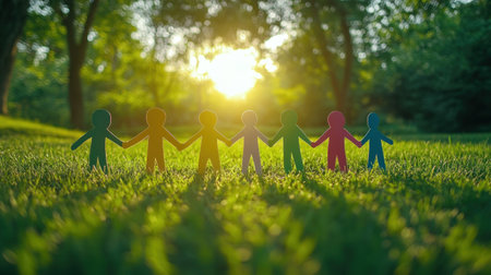 Colorful cutouts of people hold hands in a park while sunlight filters through trees at sunset.の素材