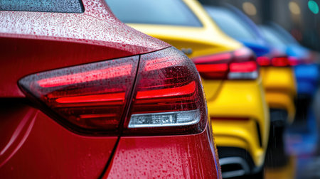 Raindrops glisten on vibrant car surfaces while parked vehicles display unique colors on a rainy day.の素材