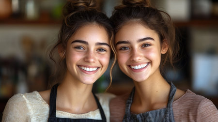 Two cheerful twins pose together in a cafe, showing their bright smiles and playful energy.の素材