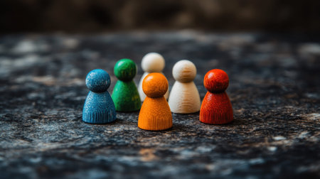 Colorful wooden game pieces are gathered together, creating a vibrant display on a dark surface.の素材