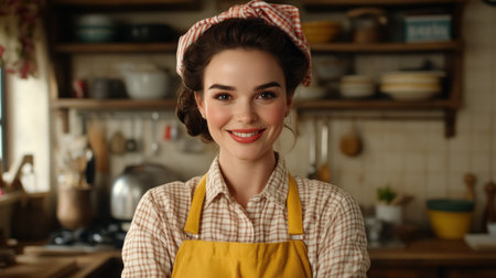 A woman in an apron smiles in a cozy kitchen full of cooking tools and ingredients.の素材