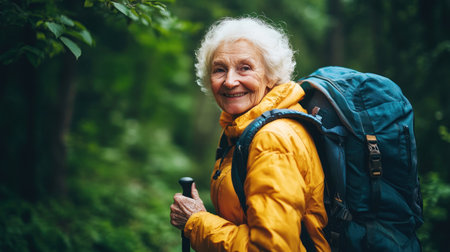 An elderly woman smiles while hiking through a verdant forest, enjoying the great outdoors and nature.の素材