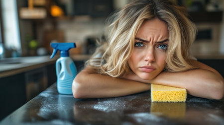 A woman appears frustrated while resting on a kitchen counter with cleaning supplies around her.の素材