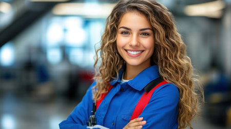 Woman with curly hair smiles while wearing work attire in a bright, modern office space.の素材