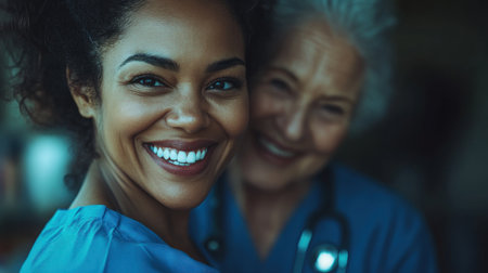 Two healthcare workers rejoice together, showing their dedication and teamwork in patient care.の素材