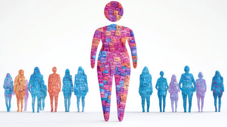 Silhouettes in vibrant colors depict diversity, emphasizing individuality and expression in modern art.の素材