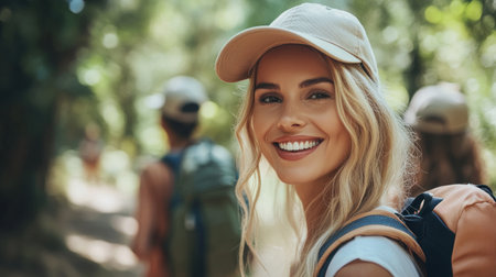 Woman with blonde hair smiles while hiking with friends in a green forest on a sunny day.の素材