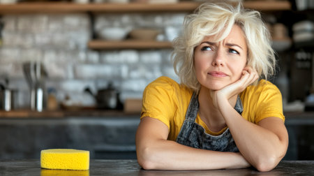 A woman in a yellow shirt sits at a kitchen counter, resting her chin on her hand, deep in thought.の素材