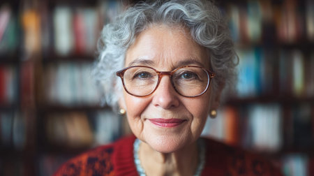 Elderly woman with curly hair and glasses smiles warmly in a cozy library filled with books.の素材
