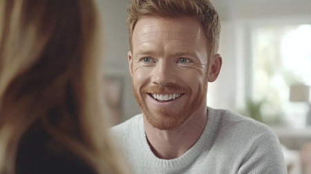 A cheerful man with red hair and a beard talks to a woman in a warm, inviting space.の素材