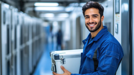 Technician smiles while holding a case in a clean and organized industrial hallway.の素材