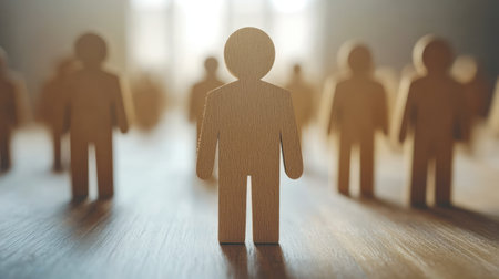 Wooden figures are arranged in a softly lit space, highlighting themes of unity and individuality.の素材