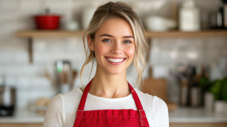 A woman with a joyful expression stands ready to cook in a stylish kitchen filled with fresh produce.の素材