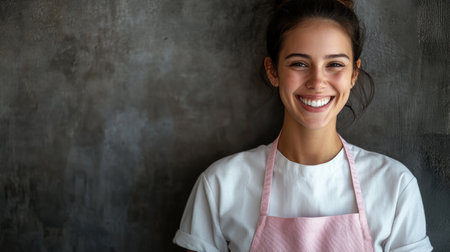 Woman with long hair smiles brightly while wearing an apron in a modern kitchen environment.の素材