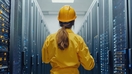 A worker inspects server racks in a data center, dressed in a hard hat and yellow safety jacket.の素材