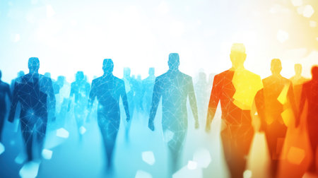 In a vibrant digital world, figures walk together, symbolizing connection and unity.の素材