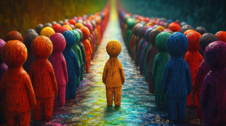 A group of colorful figures stands on a diverse pathway, symbolizing unity amidst individuality.の素材